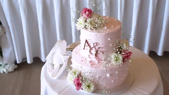 The cake sits on a table with white cloth. It is two tiers and has pink frosting. Flowers and decorations adorn the cake. The initials A and C are displayed on the top.