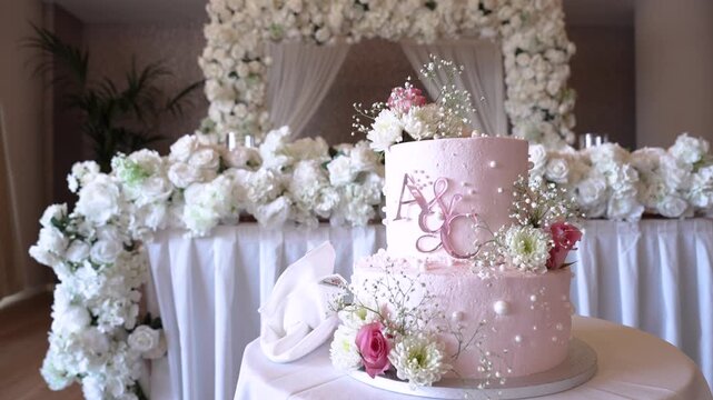Guests admire a two-tier pink wedding cake decorated with flowers and initials. The background features a flower arrangement, creating a festive atmosphere for the celebration.
