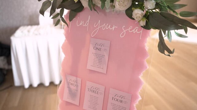 Guests see a sign directing them to their seats at a wedding reception. The setting features flowers and a bright design. It is a social event with people gathering to celebrate together.