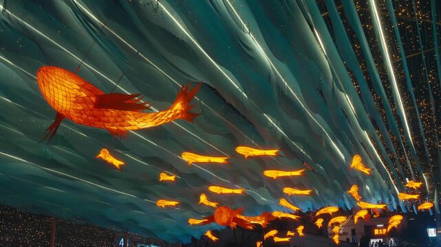 Chongqing Chaotianmen Giant Illuminated Koi Fish Lanterns Swimming on Blue Wave Ceiling Installation at Night