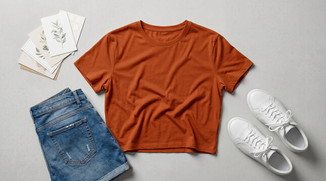 A casual outfit consisting of a shirt, shorts, and sneakers lies on a surface.