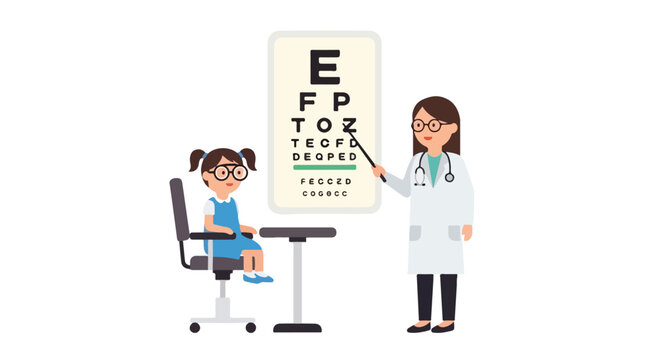 A female eye doctor conducts a vision test for a young girl wearing glasses by pointing at a Snellen eye chart in a medical office.