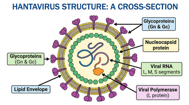 The hantavirus structure diagram shows a detailed cross-section of the virus.