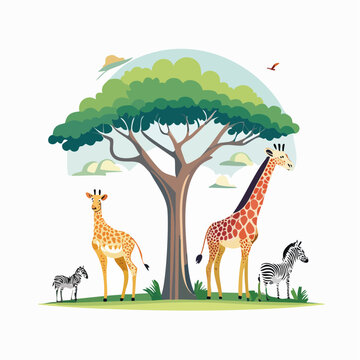 African Savannah Scene with Giraffes and Zebras Under a Tree