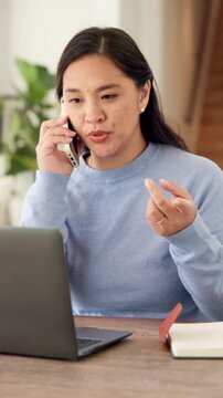Laptop, review or Asian woman with phone call for remote work, project feedback or manual editing tips. Typing, freelancer or technical writer with planning for how to guide, tech or smile in home