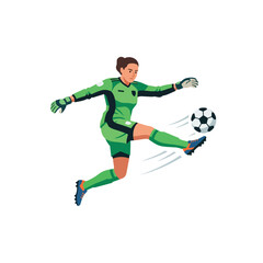 Obraz premium Female soccer goalkeeper kicking ball during match action in green uniform