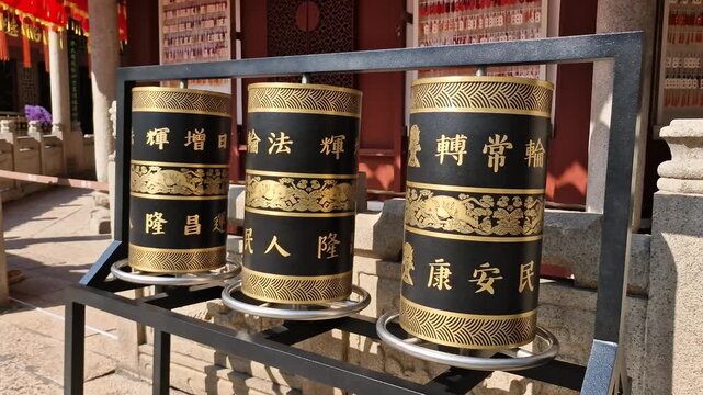 Buddhist Prayer Wheels in Six Banyan Trees Temple in Guangzhou, China on Sunny Day