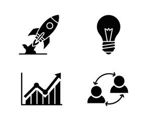 Fototapeta premium A conceptual collection of business icons representing innovation, startup launch, strategic growth, insightful ideas, and collaborative teamwork for corporate development and success