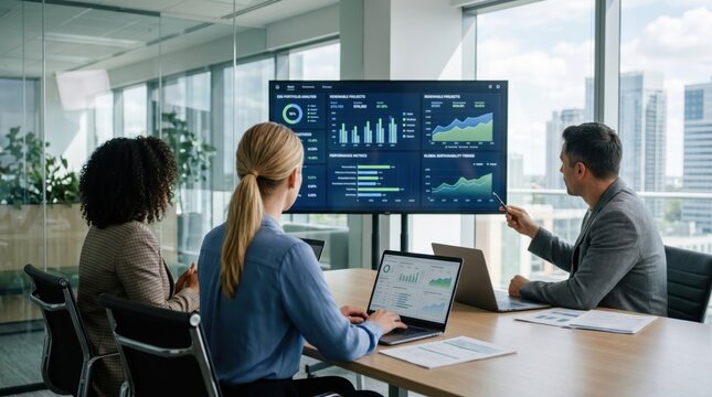 Diverse business team analyzing ESG portfolio and renewable projects performance metrics on large monitor in glass meeting room, sustainability reporting concept