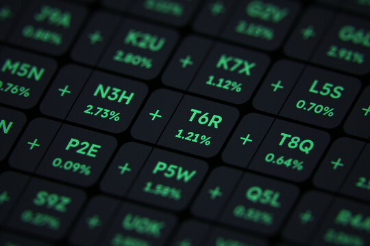 Close-up of digital financial dashboard showing green glowing stock market tickers and positive growth percentages. Concept of investment, trading, cryptocurrency, and profit in dark mode.