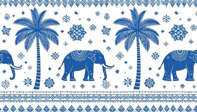 A repeating border with stylized blue elephants, palm trees, and geometric patterns on a white background. It resembles an ethnic fabric design