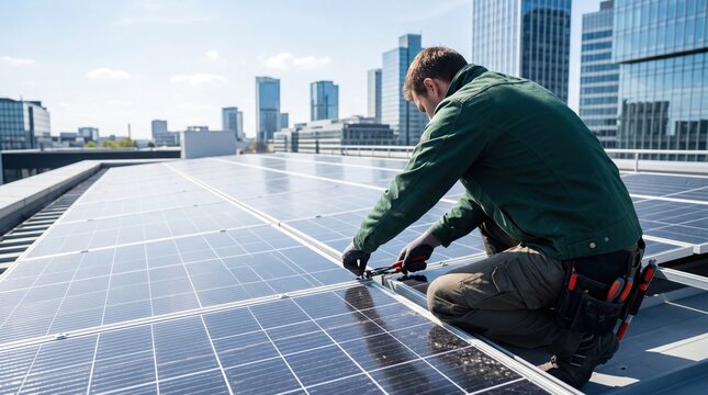 Professional technician installing solar panels on urban rooftop, sustainable energy solution for modern city buildings and green power infrastructure concept.