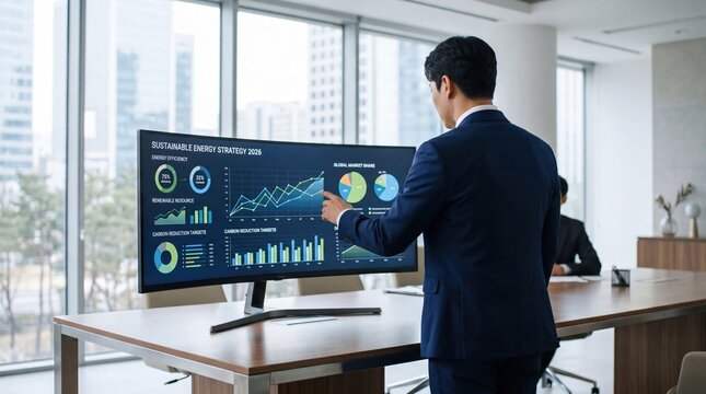 Corporate executive analyzing sustainable energy strategy data on large monitor screen in modern office, business planning for renewable resources and carbon reduction goals.