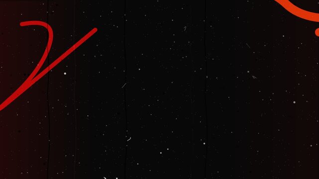 Red marker scribbles and vintage film dust jittering with hand-drawn paint lines and scratches on black background for retro cinema overlay.