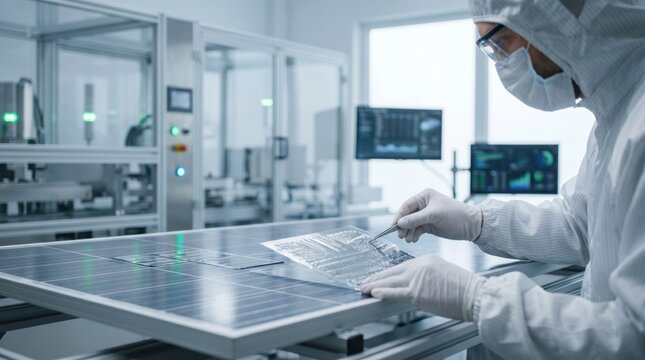 Technician inspecting photovoltaic solar panel cells in clean room laboratory, renewable energy technology production and quality control