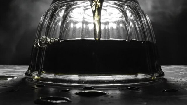 Low Angle Shot of Dark Liquid Being Poured Into a Clear, Upside Down Bowl on a Dark Surface with Smoke