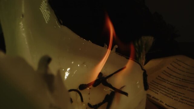 Eerie dolly out of orange flames and revealing a macabre occult altar used for dark witchcraft