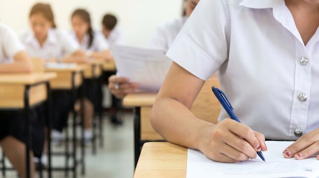 Student writing on paper during exam in classroom with blurred peers in background sitting at wooden desks wearing white uniforms while concentrating on academic test assessment