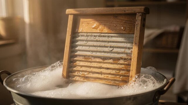 Vintage wooden washboard in soapy water with bubbles for traditional hand washing clothes