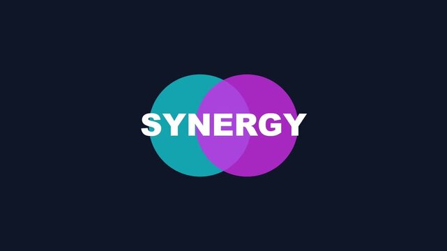 3D render of synergy collaboration concept with overlapping colorful circles on dark background creating teamwork animation designed for corporate visuals and video overlays