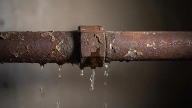 Close up of old rusty leaking water pipe with peeling paint and water drops in dark background