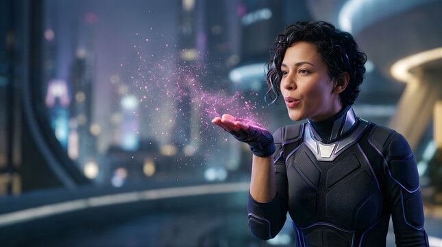 Futuristic woman in space suit blowing magical glowing dust particles