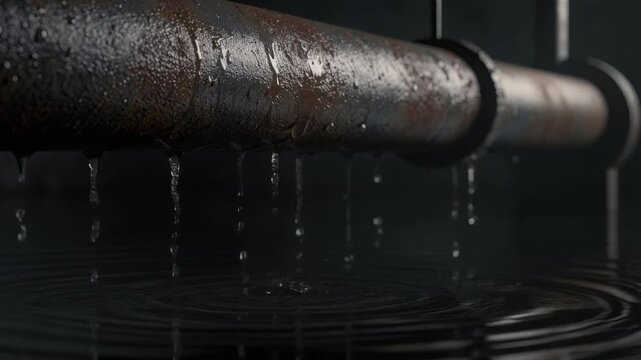 Rusty metal pipe dripping water creating ripples in dark industrial setting close-up