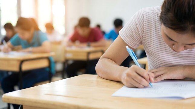 Focused student taking exam in bright classroom with blurry classmates in background while writing on paper at wooden desk during university test session