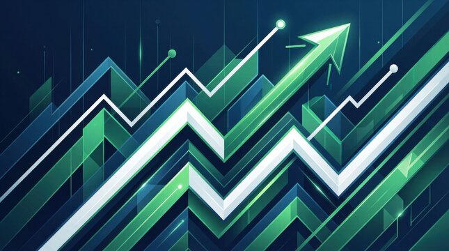 Vibrant green arrows ascend against a digital backdrop. Geometric layers glow with energy and growth. Lines pulse with futuristic momentum and clarity. Ideal for finance, tech