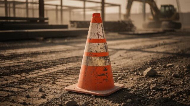 Close-up of a dirty orange construction traffic cone on a dusty job site with blurred machinery in background