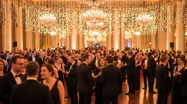 Large gathering of diverse people in formal attire at a sophisticated event with abundant fairy lights and chandeliers creating a magical ambiance