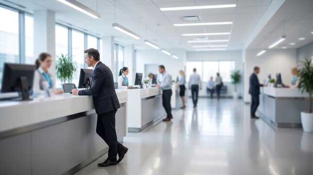 Man in dark suit leaning on a modern reception counter in a bright office lobby interacting with staff in a professional business environment