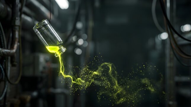 Hanging glass vial pouring neon yellow liquid particles in a dark lab