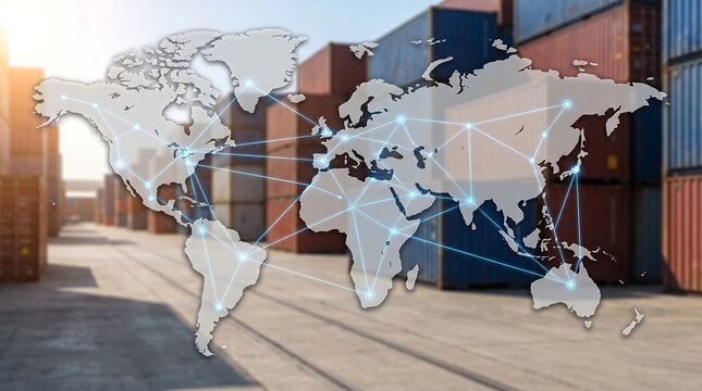 Global shipping logistics world map overlay with connected glowing network nodes over blurred intermodal cargo containers in industrial port yard at sunset for international trade concepts