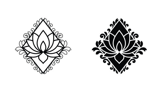Lotus flower in ornamental diamond frame line art and silhouette vector set for wellness and spa branding