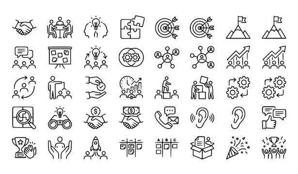 Business teamwork and collaboration thin line icon pack 30 editable stroke symbols vector illustration