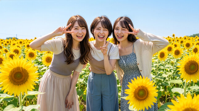 ひまわり畑で自撮りする仲良し女性3人