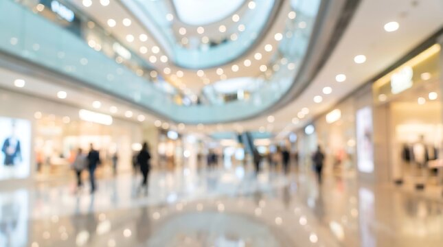 Abstract blurred background of modern shopping mall interior with soft bokeh lights and silhouettes of people creating professional commercial atmosphere for retail business