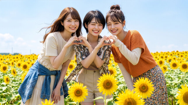 ひまわり畑で自撮りする仲良し女性3人