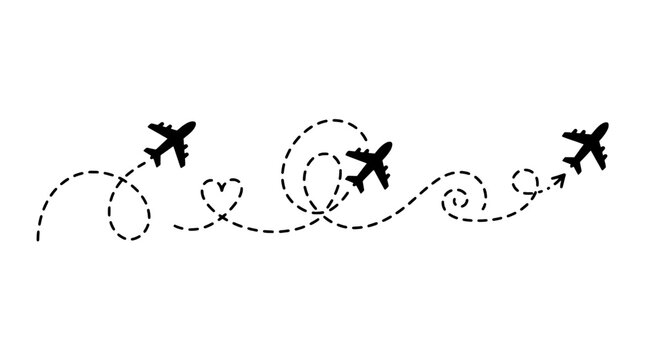 Airplanes flying in formation with dotted line trails and heart shapes featuring planes, aviation, travel with transportation and icons elements for