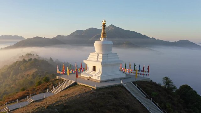 White Buddhist Stupa on Mountain Peak Above Clouds at Sunrise