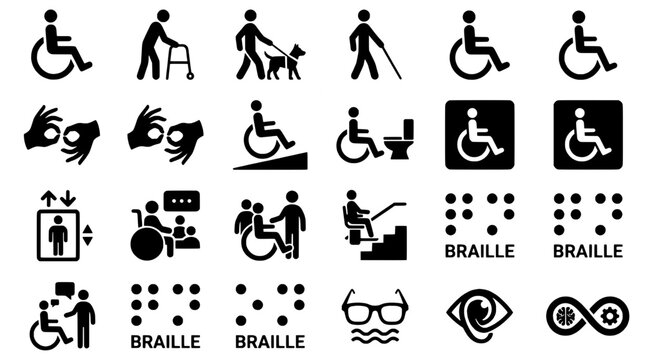 Braille tactile icons set with accessibility figures, raised dots, and mobility signage for wayfinding and communication
