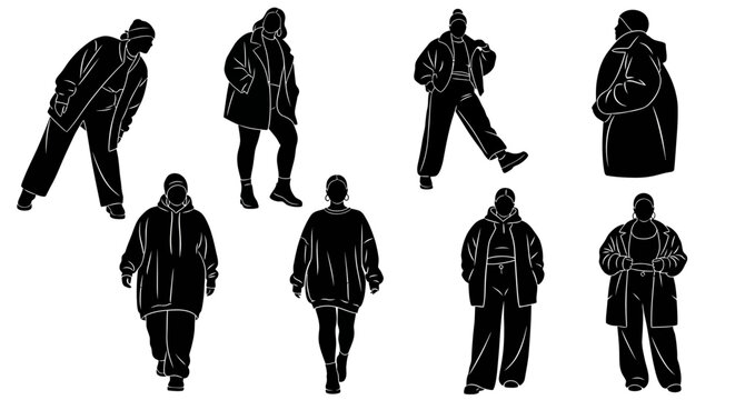 Plus size women silhouettes in winter coats, diverse poses collection