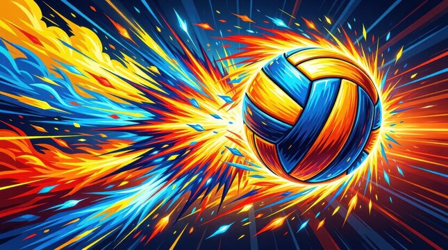 Vibrant volleyball explodes in fiery motion. Colorful sparks radiate from its surface. Energy bursts surround the ball with intensity. Dynamic explosion suggests power and speed