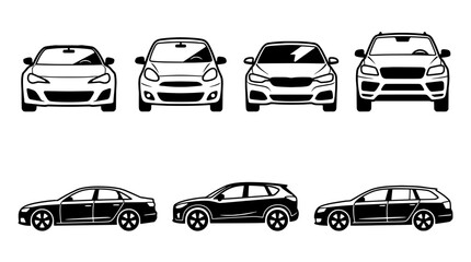 Obraz premium Car icon set showing sedan and sports car front views on clean white background featuring vehicle pictograms, automobile, automotive with