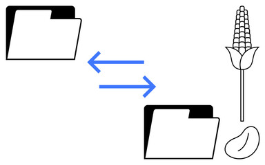 Agriculture, data exchange, resource management, information, technology, digital sharing. Transfer arrows between folders, corn and bean. Agriculture and data exchange concept © robu_s