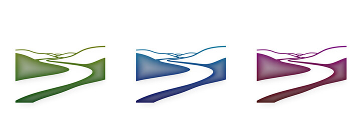Three colorful minimalist landscape icons of river and hills © MDBodrul