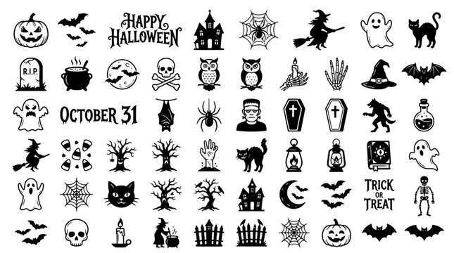 Halloween icons set with spooky and festive graphics including bats, ghosts, witches, and pumpkins featuring black cats, haunted houses, skeletons