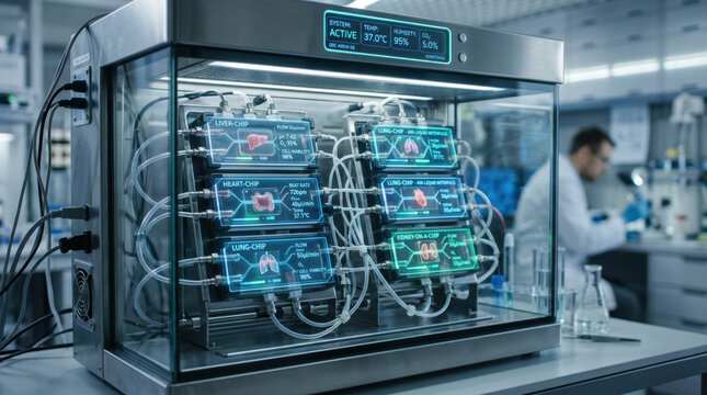 Medical technology organ chip perfusion bioreactor showing heart lung liver kidney models lab with researcher observing data