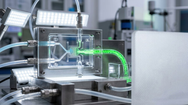 Microfluidic chip medical technology lab device with glowing green fluid flowing through channels diagnostic equipment